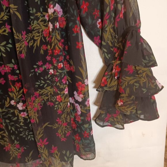 Sheer Dark Floral Print Ruffle Long Sleeve Whimsigoth Boho Womens Top Sz M - Picture 5 of 6
